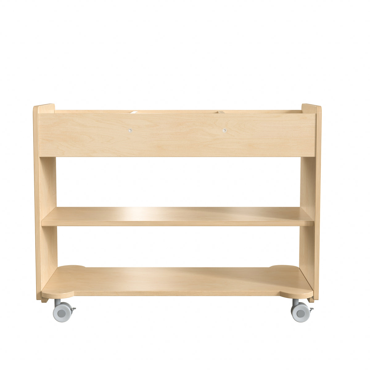 Bright Beginnings Commercial Grade Wooden Mobile Storage Cart with 3 Top Storage Cubbies and 2 Lower Shelves, Natural Finish