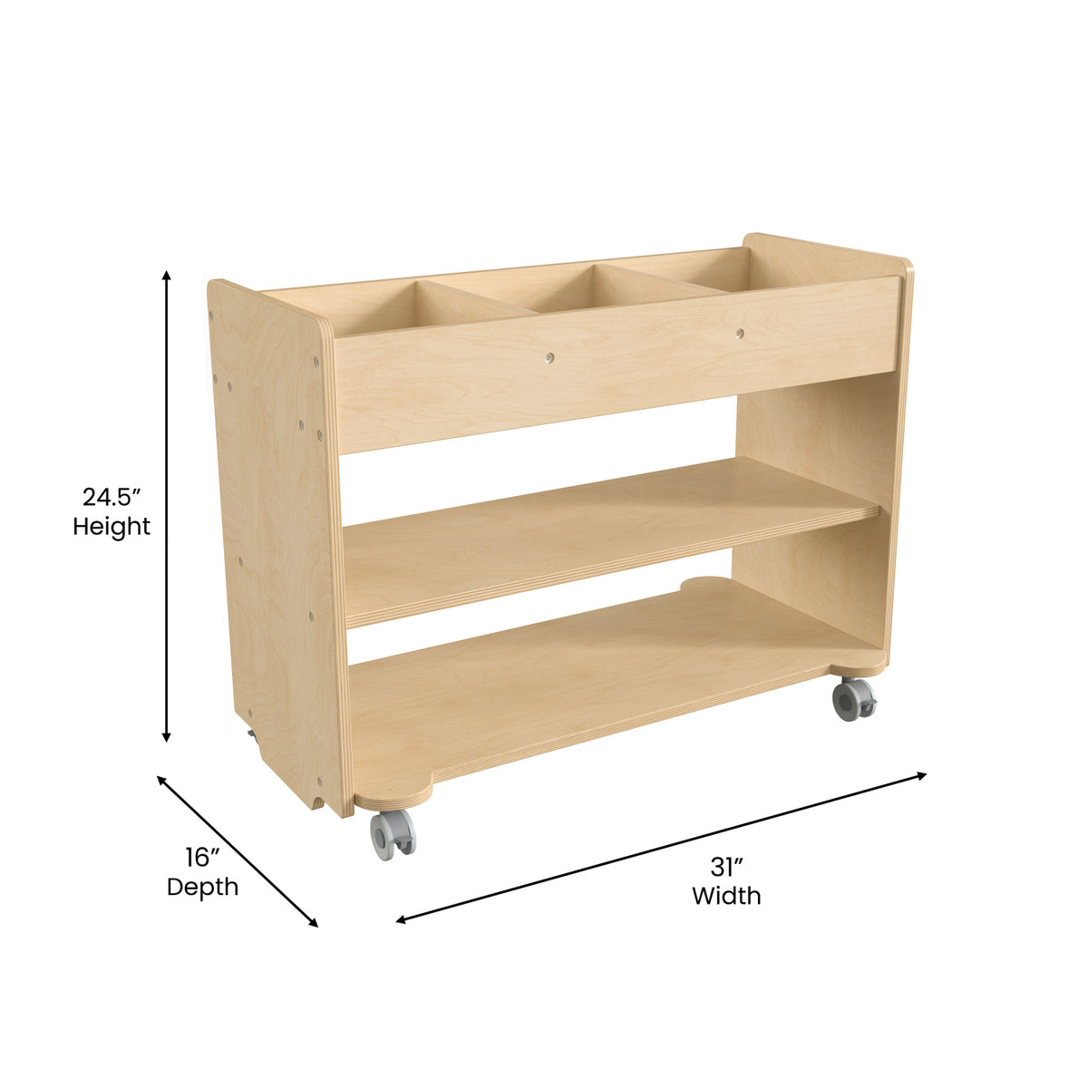 Bright Beginnings Commercial Grade Wooden Mobile Storage Cart with 3 Top Storage Cubbies and 2 Lower Shelves, Natural Finish