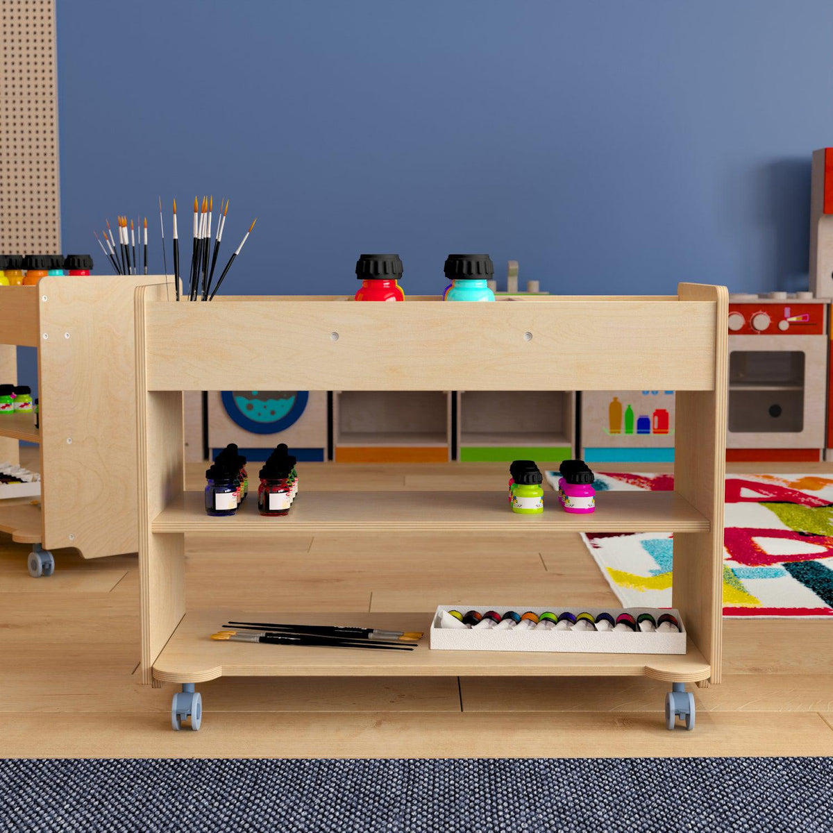 Bright Beginnings Commercial Grade Wooden Mobile Storage Cart with 3 Top Storage Cubbies and 2 Lower Shelves, Natural Finish