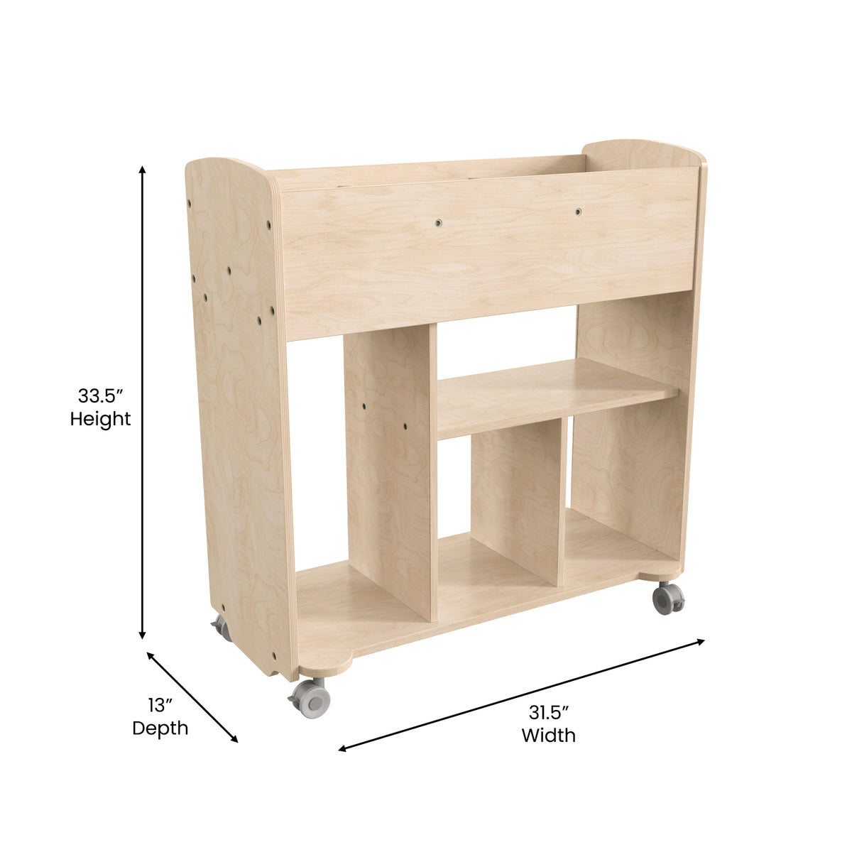 Bright Beginnings Commercial Grade Double Sided Space Saving Wooden Mobile Storage Cart with 10 Storage Compartments, Natural Finish