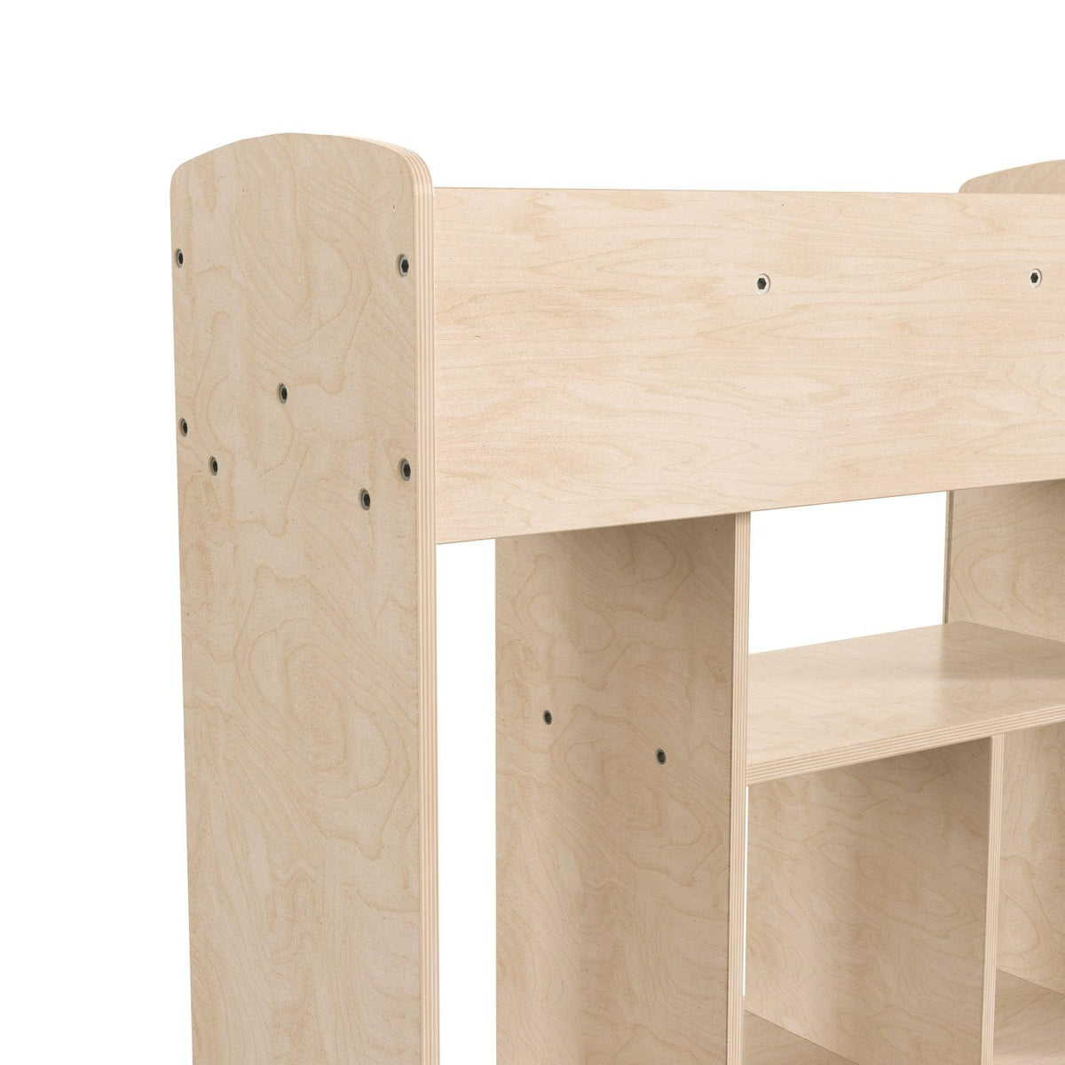 Bright Beginnings Commercial Grade Double Sided Space Saving Wooden Mobile Storage Cart with 10 Storage Compartments, Natural Finish