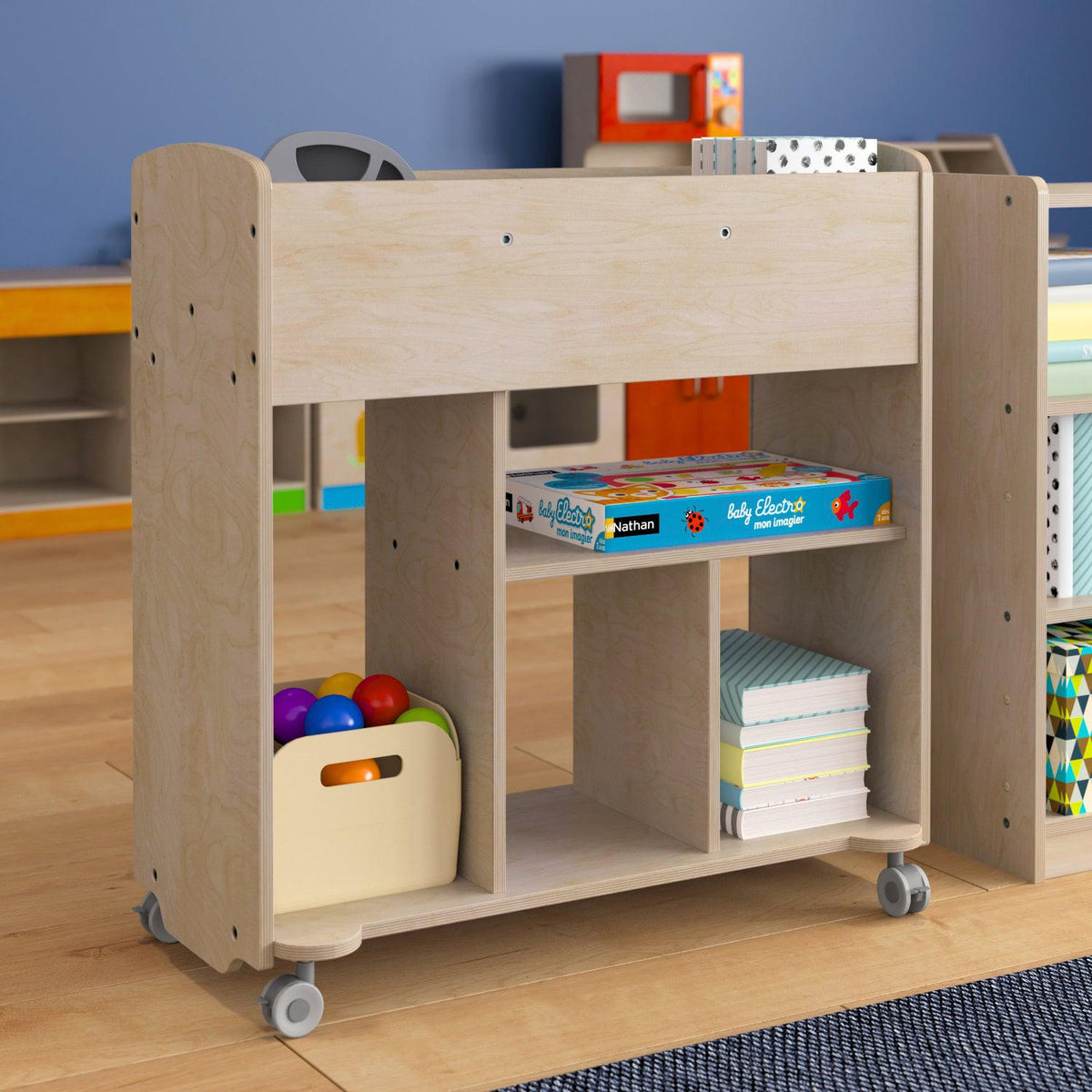 Bright Beginnings Commercial Grade Double Sided Space Saving Wooden Mobile Storage Cart with 10 Storage Compartments, Natural Finish
