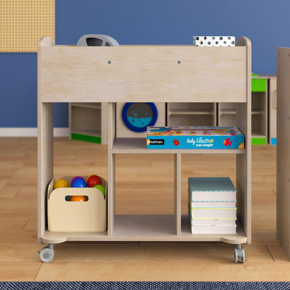 Bright Beginnings Commercial Grade Double Sided Space Saving Wooden Mobile Storage Cart with 10 Storage Compartments, Natural Finish