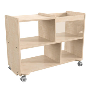 Bright Beginnings Commercial Grade Double Sided Space Saving Wooden Mobile Storage Cart with 4 Compartments, 1 Clear Bin, Lower Shelf, Natural Finish