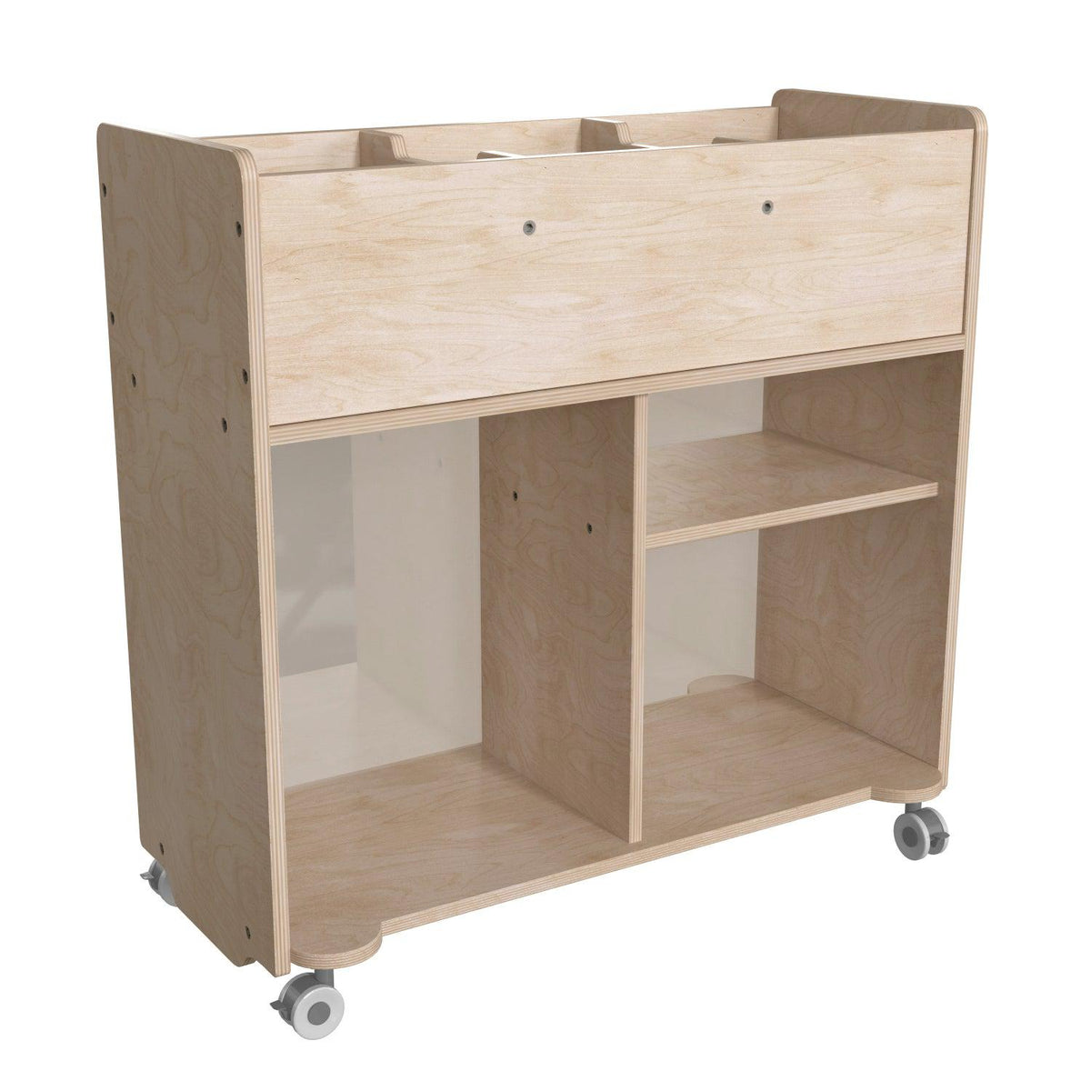 Bright Beginnings Commercial Grade Double Sided Space Saving Wooden Mobile Storage Cart with Clear Back and 6 Storage Compartments, Natural Finish