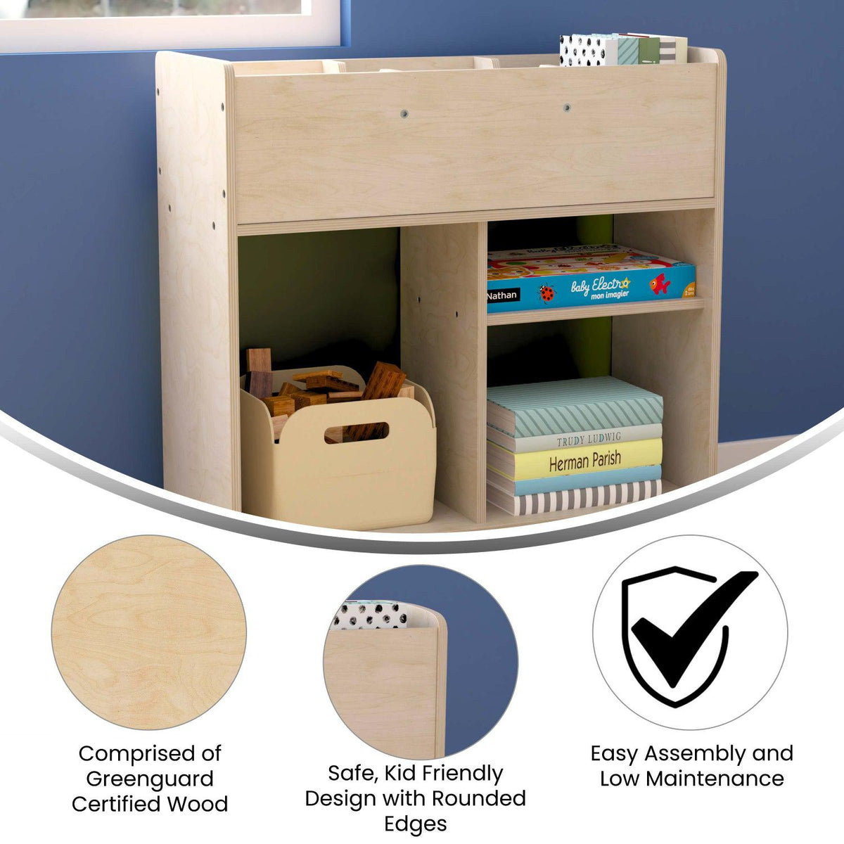 Bright Beginnings Commercial Grade Double Sided Space Saving Wooden Mobile Storage Cart with Clear Back and 6 Storage Compartments, Natural Finish