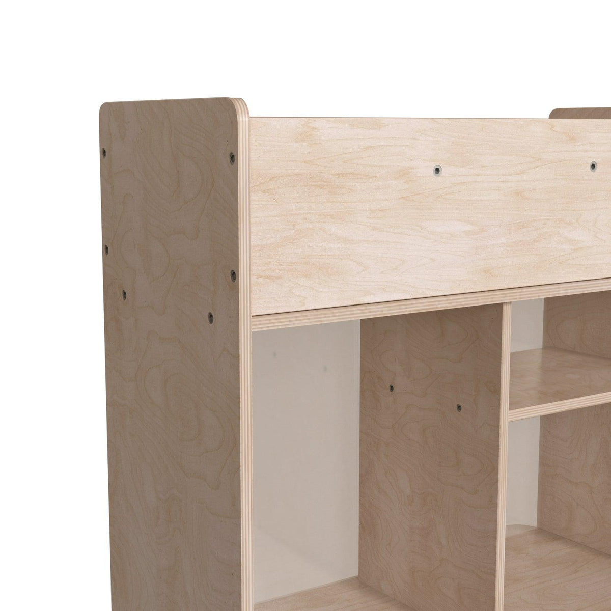 Bright Beginnings Commercial Grade Double Sided Space Saving Wooden Mobile Storage Cart with Clear Back and 6 Storage Compartments, Natural Finish