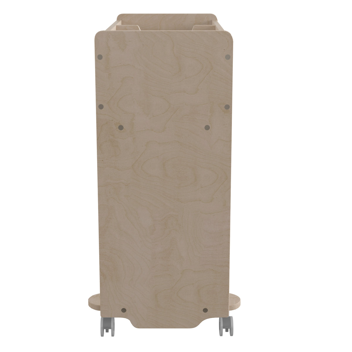 Bright Beginnings Commercial Grade Double Sided Space Saving Wooden Mobile Storage Cart with Clear Back and 6 Storage Compartments, Natural Finish