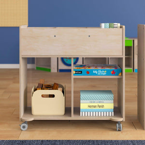 Bright Beginnings Commercial Grade Double Sided Space Saving Wooden Mobile Storage Cart with Clear Back and 6 Storage Compartments, Natural Finish
