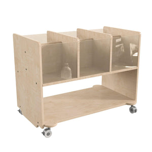 Bright Beginnings Commercial Grade Double Sided Space Saving Wooden Mobile Storage Cart with 6 Clear Storage Bins and Lower Shelf, Natural Finish