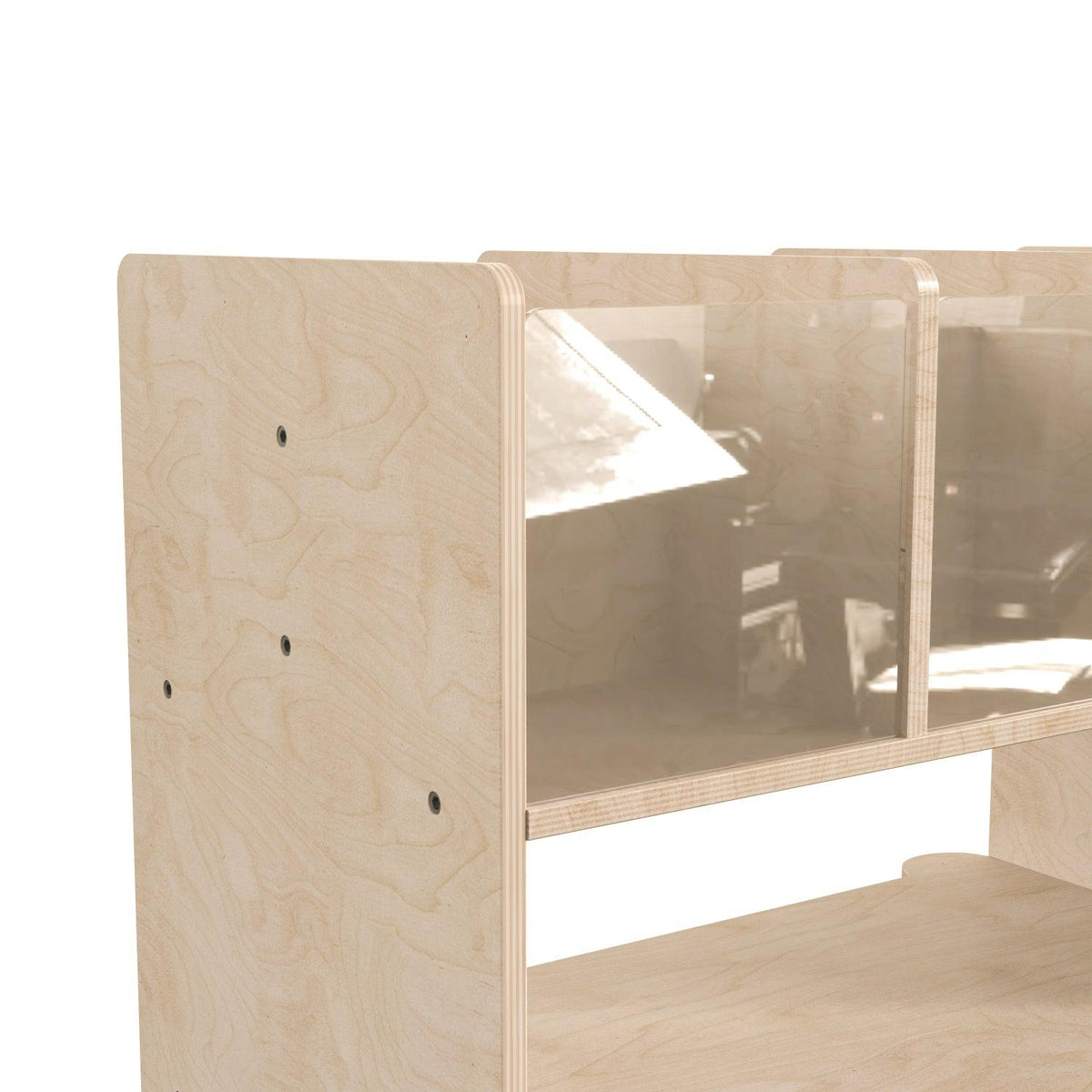 Bright Beginnings Commercial Grade Double Sided Space Saving Wooden Mobile Storage Cart with 6 Clear Storage Bins and Lower Shelf, Natural Finish