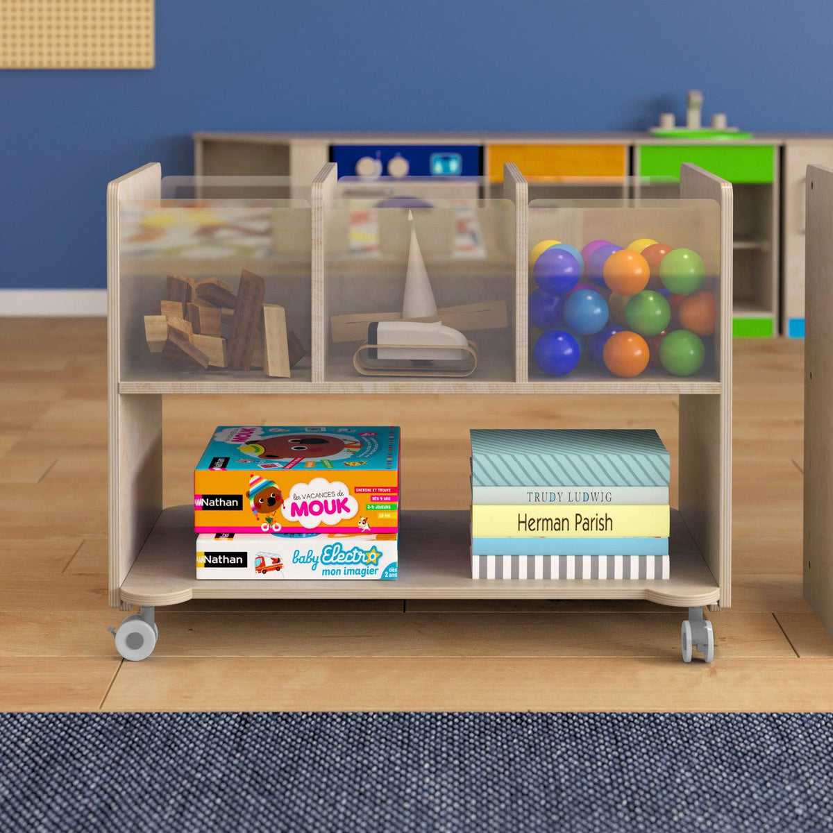 Bright Beginnings Commercial Grade Double Sided Space Saving Wooden Mobile Storage Cart with 6 Clear Storage Bins and Lower Shelf, Natural Finish