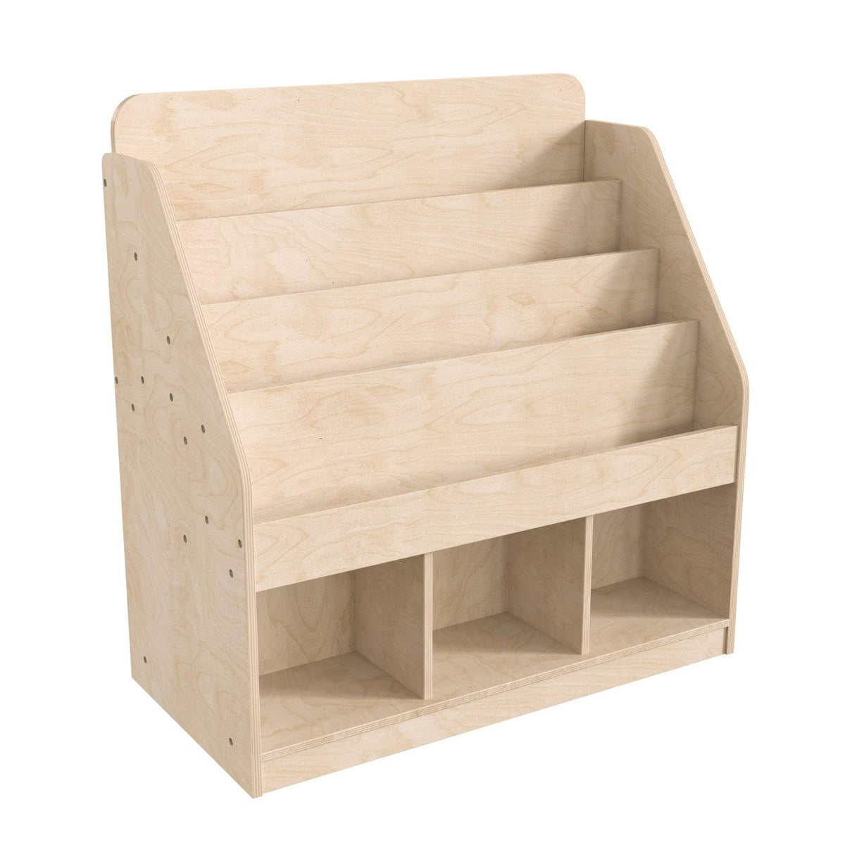 Bright Beginnings Commercial Grade Modular Wooden Classroom 4 Tier Bookstand with 3 Storage Compartments, Natural Finish