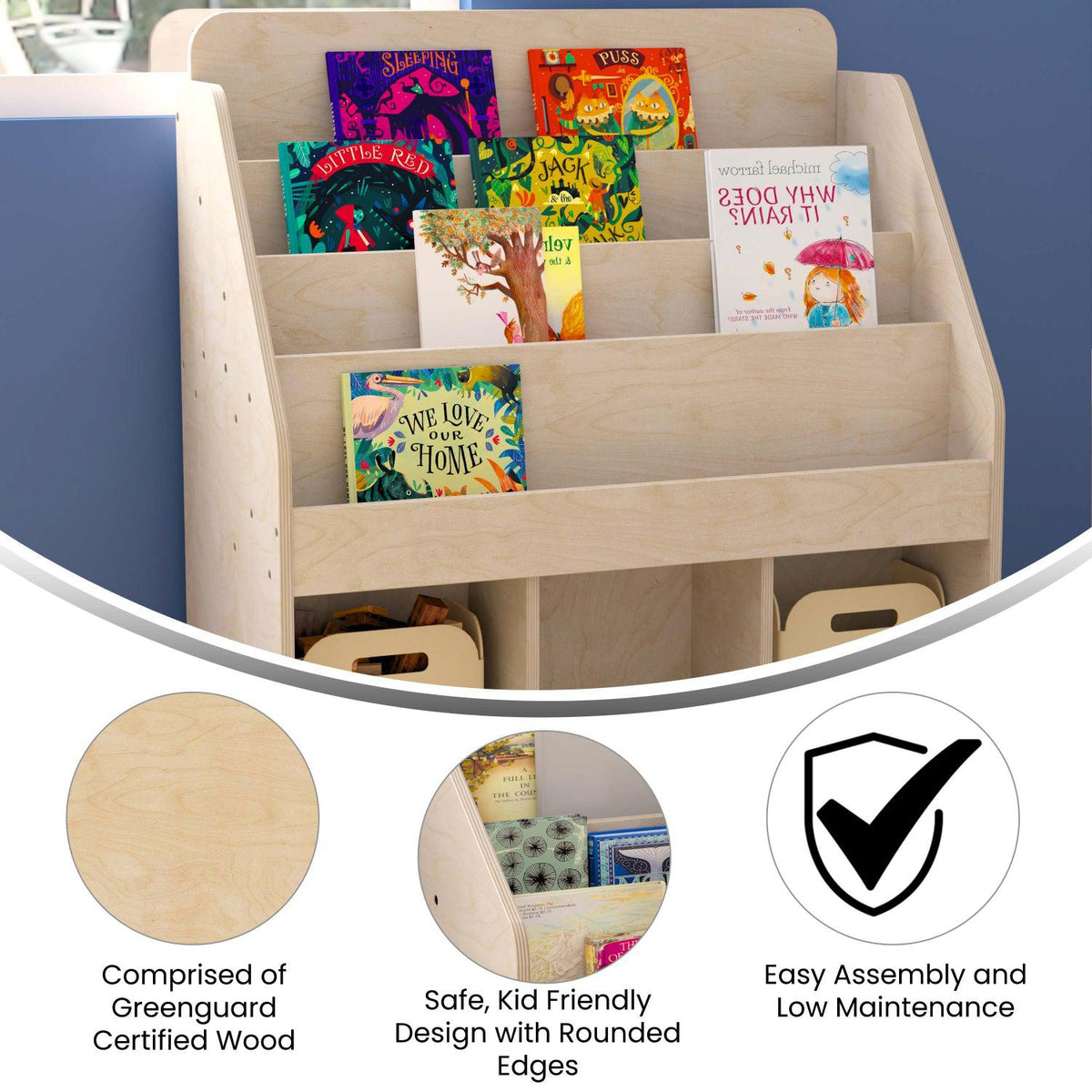 Bright Beginnings Commercial Grade Modular Wooden Classroom 4 Tier Bookstand with 3 Storage Compartments, Natural Finish