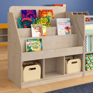 Bright Beginnings Commercial Grade Modular Wooden Classroom 4 Tier Bookstand with 3 Storage Compartments, Natural Finish