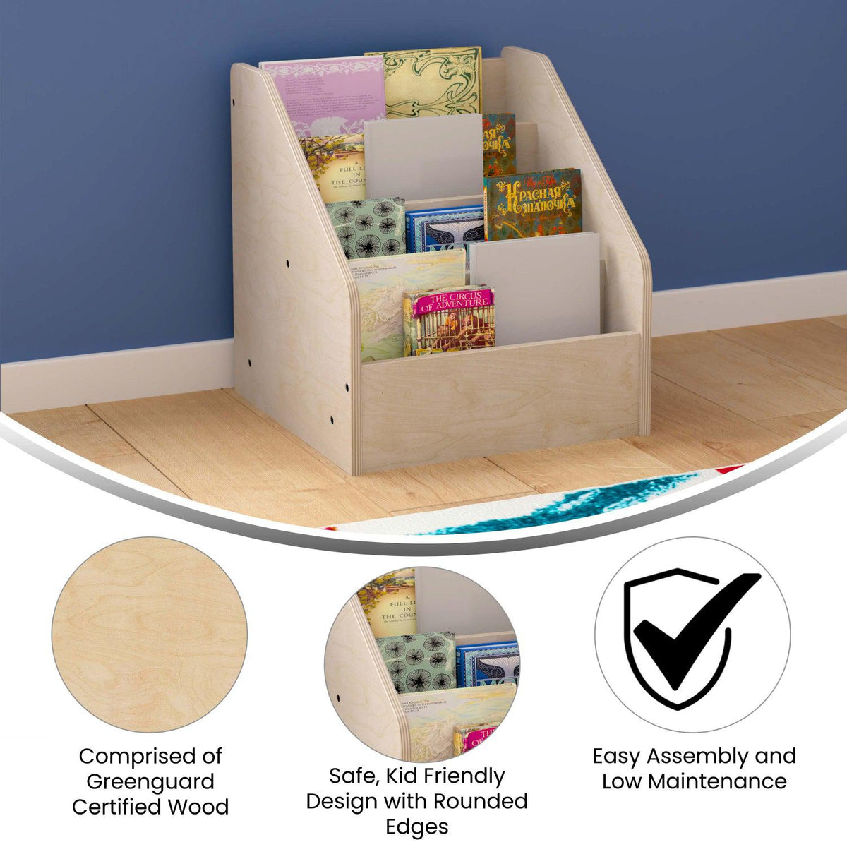 Bright Beginnings Commercial Grade Modular Wooden Classroom 4 Tier Book Display Shelf, Natural Finish