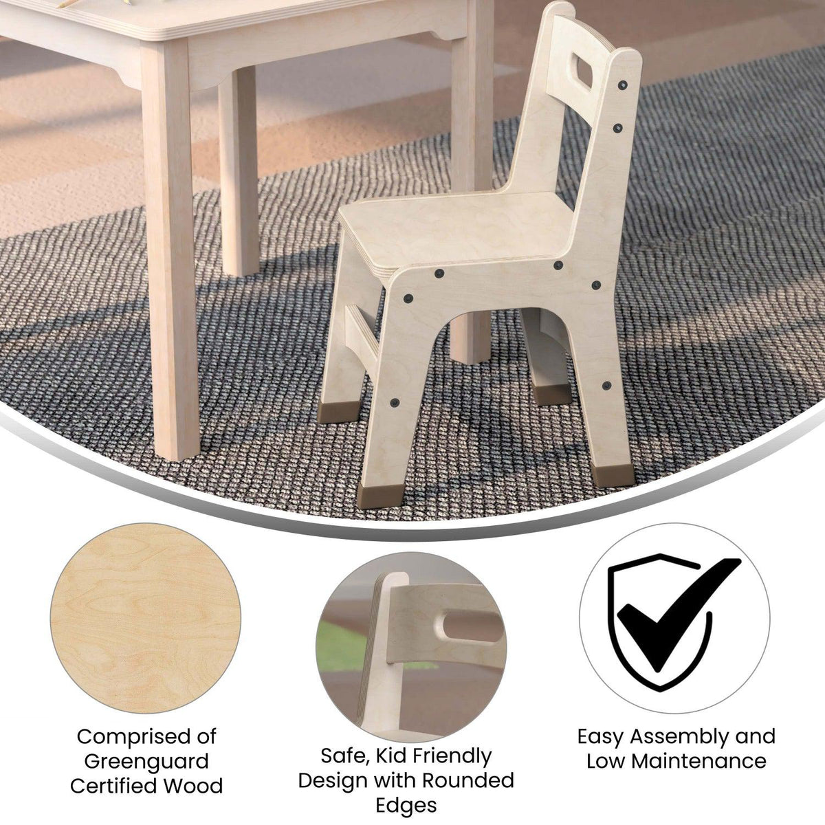 Bright Beginnings Set of 2 Commercial Grade Wooden Classroom Chairs, 11.5" Seat Height with Non-Slip Foot Caps and Built-In Carrying Handle, Natural Finish