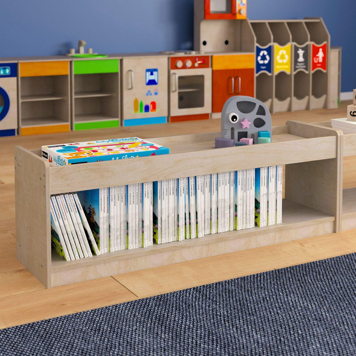 Bright Beginnings Commercial Grade Modular Wooden Classroom Open Storage Unit with Upper Shelf with Raised Edges, Natural Finish