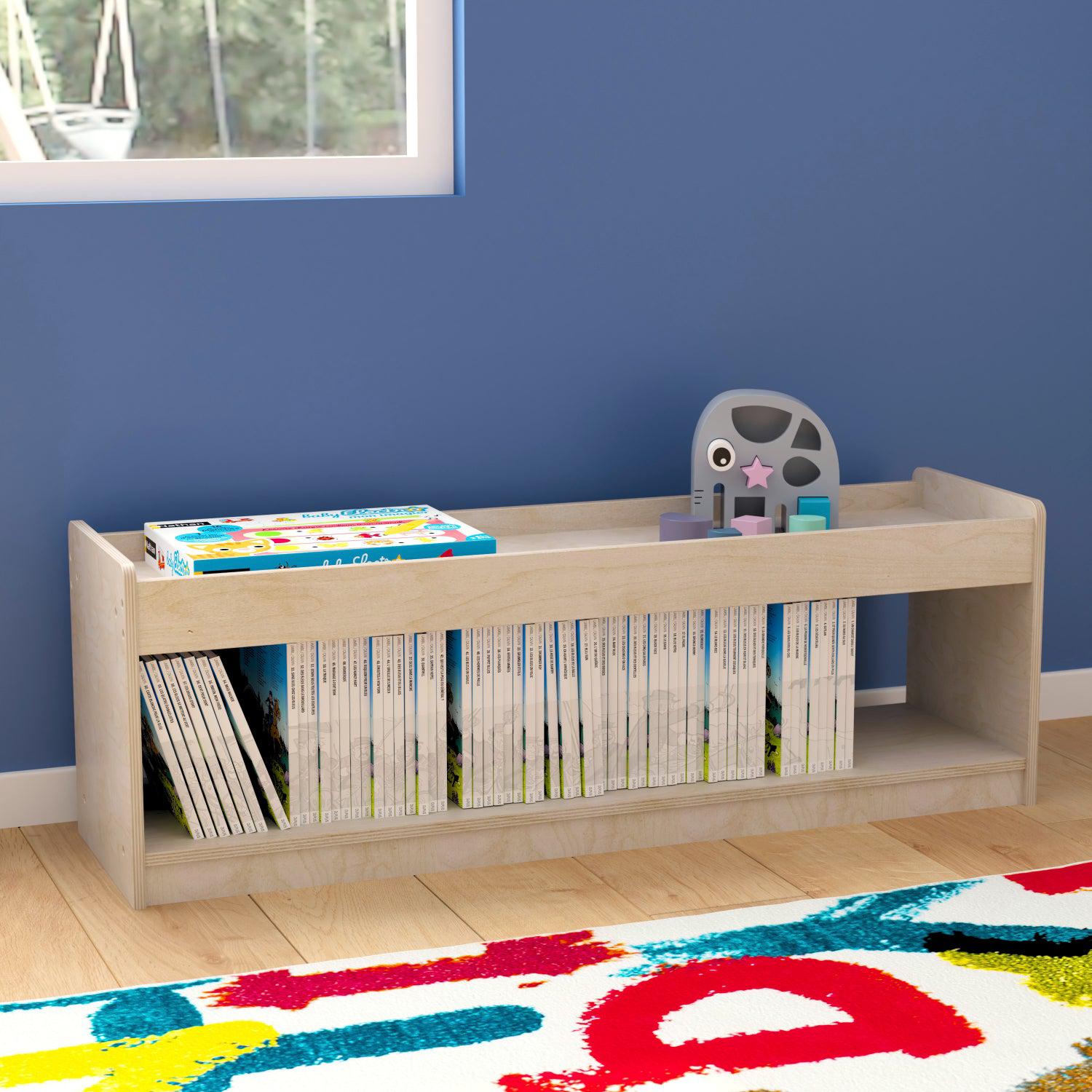 Bright Beginnings Commercial Grade Modular Wooden Classroom Open Storage Unit with Upper Shelf with Raised Edges, Natural Finish