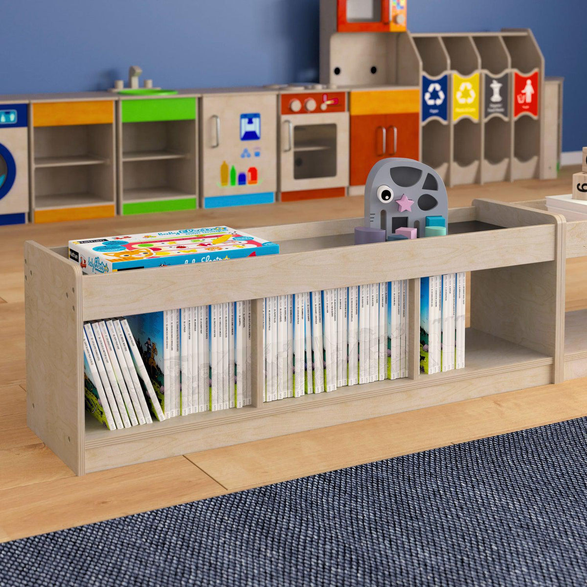 Bright Beginnings Commercial Grade Modular Wooden Classroom 2 Sided, 3 Section, Open Storage Unit with Mirrored Top and Raised Upper Edges, Natural Finish