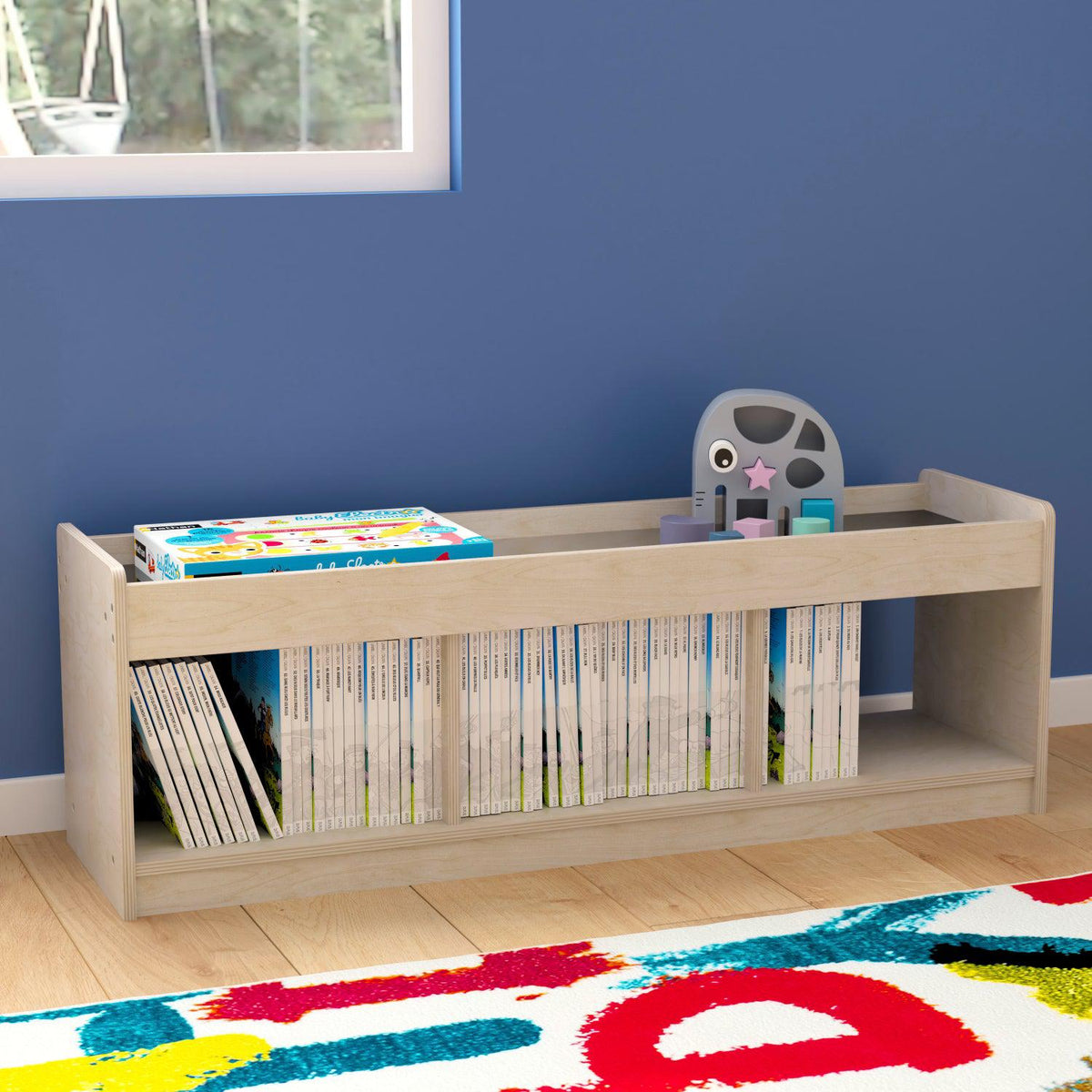 Bright Beginnings Commercial Grade Modular Wooden Classroom 2 Sided, 3 Section, Open Storage Unit with Mirrored Top and Raised Upper Edges, Natural Finish