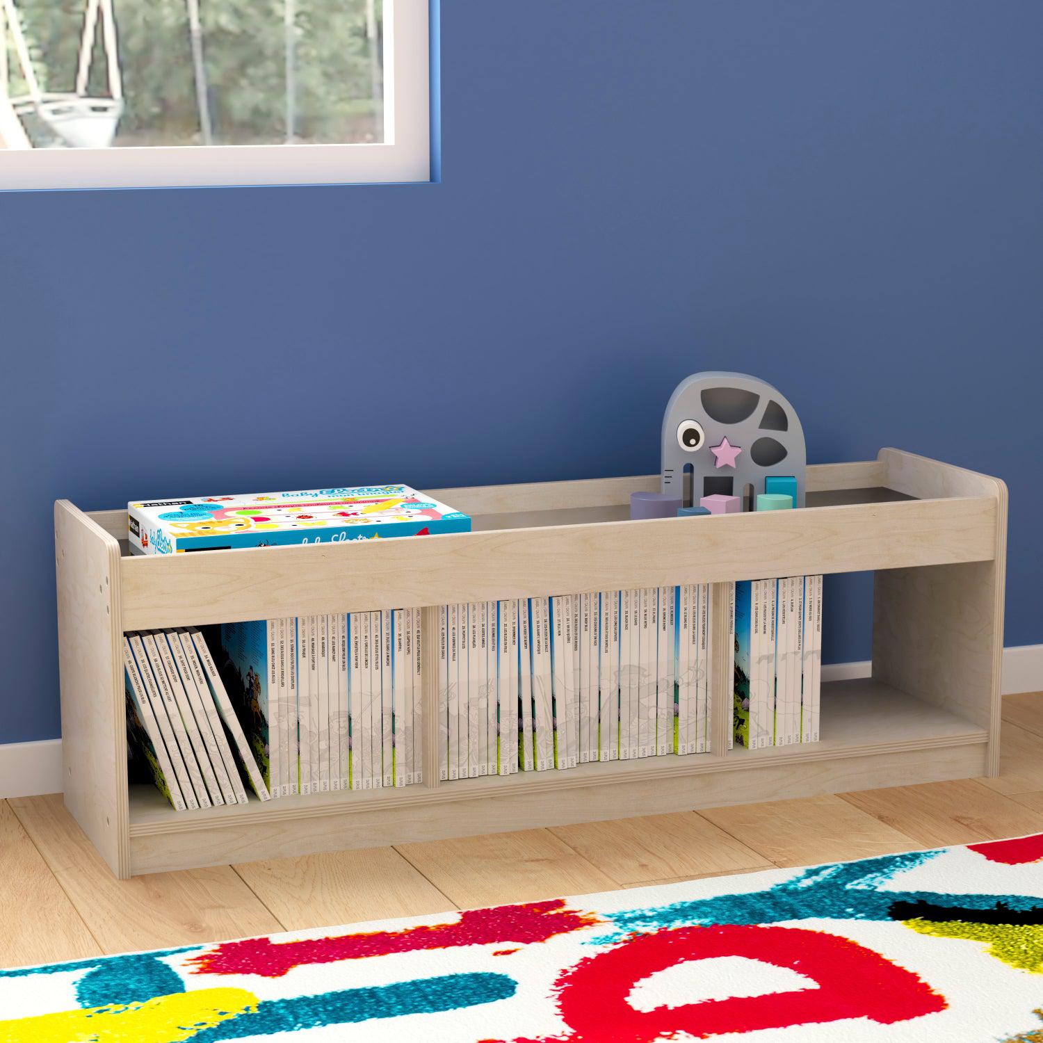 Bright Beginnings Commercial Grade Modular Wooden Classroom 2 Sided, 3 Section, Open Storage Unit with Mirrored Top and Raised Upper Edges, Natural Finish