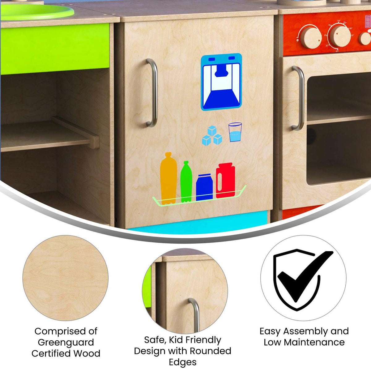 Bright Beginnings Commercial Grade Wooden Children's Kitchen Refrigerator with Integrated Storage