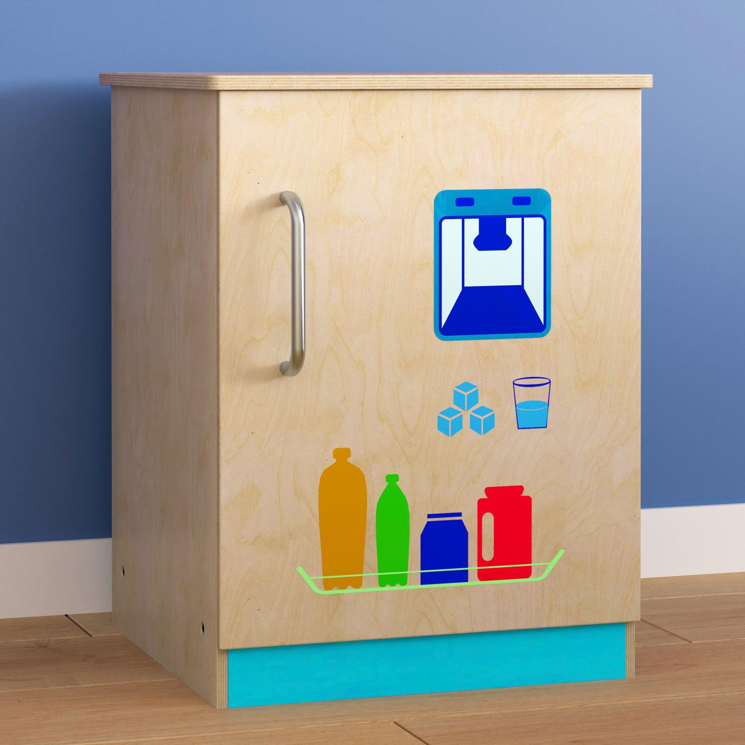 Bright Beginnings Commercial Grade Wooden Children's Kitchen Refrigerator with Integrated Storage