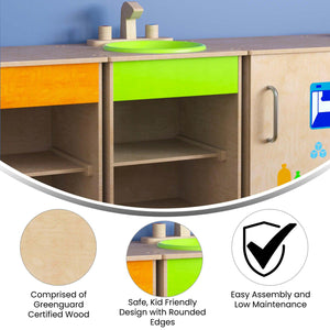 Bright Beginnings Commercial Grade Wooden Children's Kitchen Sink with Integrated Storage