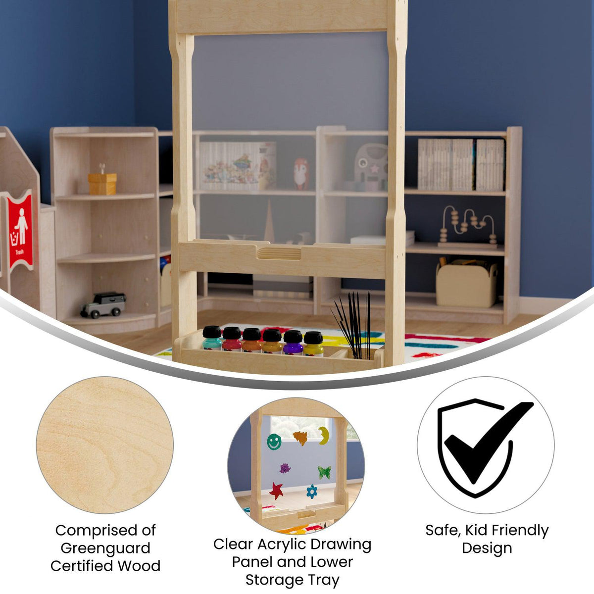 Bright Beginnings Commercial Grade Double Sided Wooden Free-Standing STEAM Easel, Storage Tray, Acrylic Paint Window, Holds Two Accessory Panels, Natural Finish