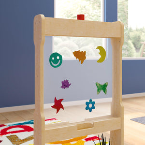 Bright Beginnings Commercial Grade Double Sided Wooden Free-Standing STEAM Easel, Storage Tray, Acrylic Paint Window, Holds Two Accessory Panels, Natural Finish