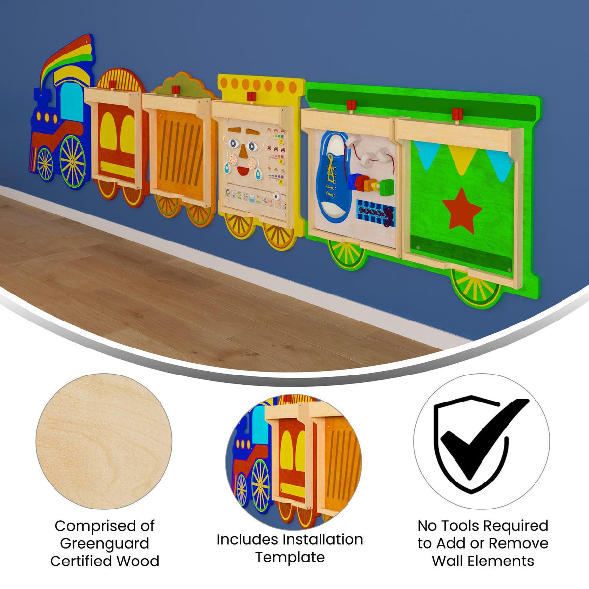 Bright Beginnings Commercial Grade Wooden Train STEAM Wall System with 5 Accessory Panel Holders
