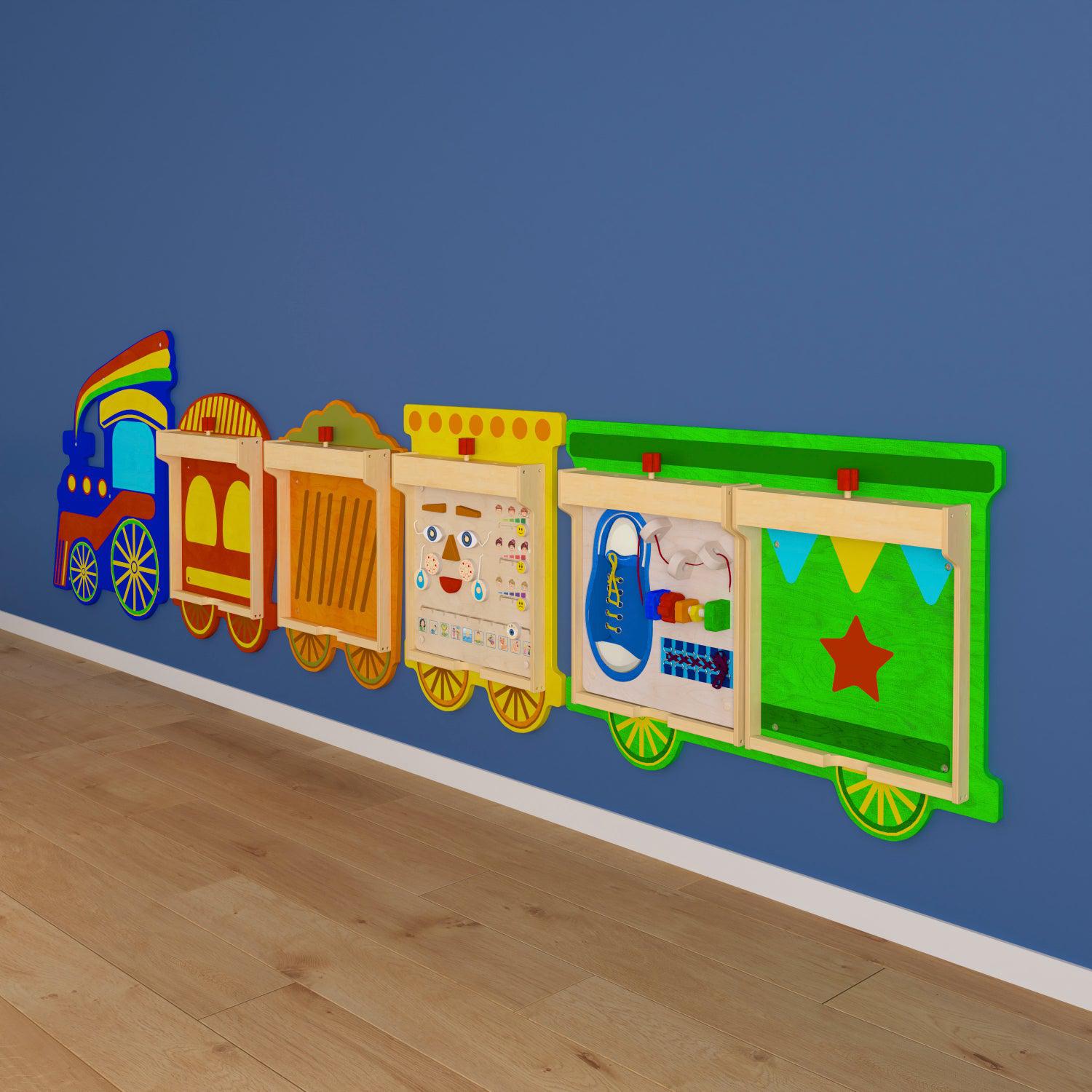 Bright Beginnings Commercial Grade Wooden Train STEAM Wall System with 5 Accessory Panel Holders