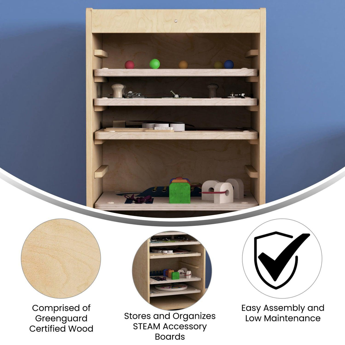 Bright Beginnings Commercial Space Saving Wooden Mobile STEAM Wall Accessory Board Storage Cart, Natural Finish