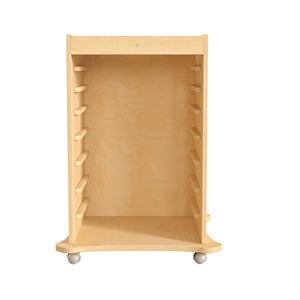 Bright Beginnings Commercial Space Saving Wooden Mobile STEAM Wall Accessory Board Storage Cart, Natural Finish