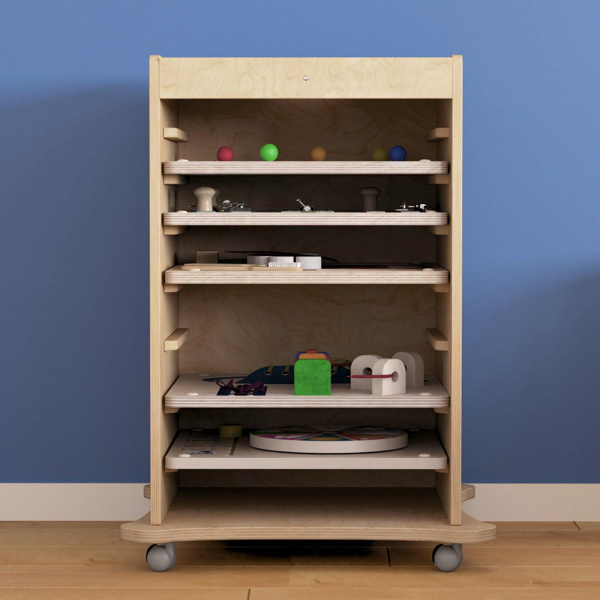 Bright Beginnings Commercial Space Saving Wooden Mobile STEAM Wall Accessory Board Storage Cart, Natural Finish