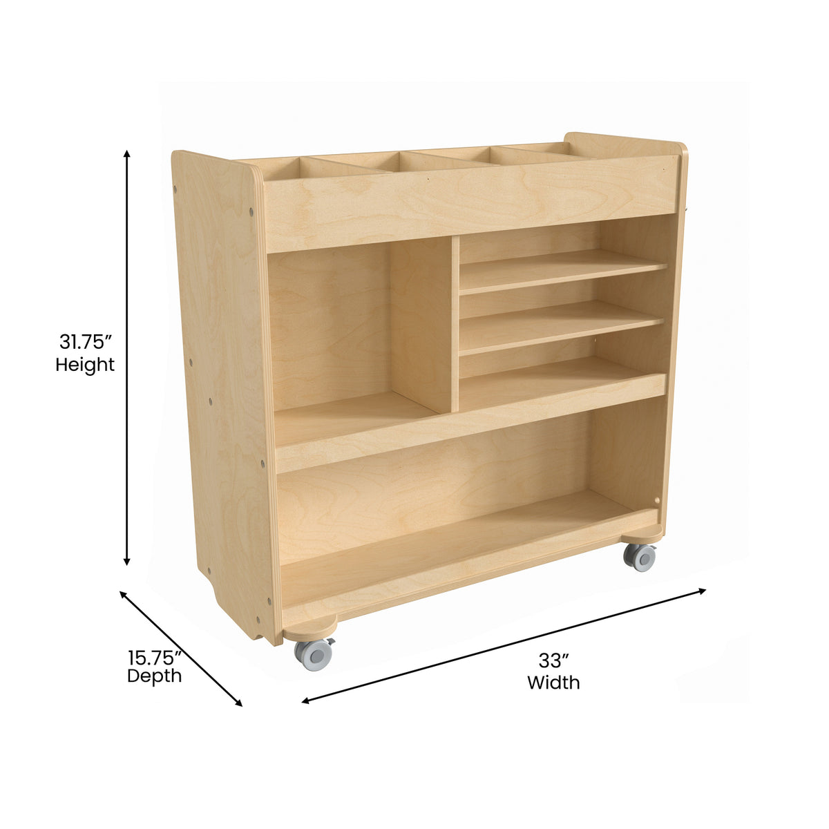 Bright Beginnings Commercial Grade Wooden Mobile Storage Cart with 4 Top Storage Compartments and 5 Cubbies