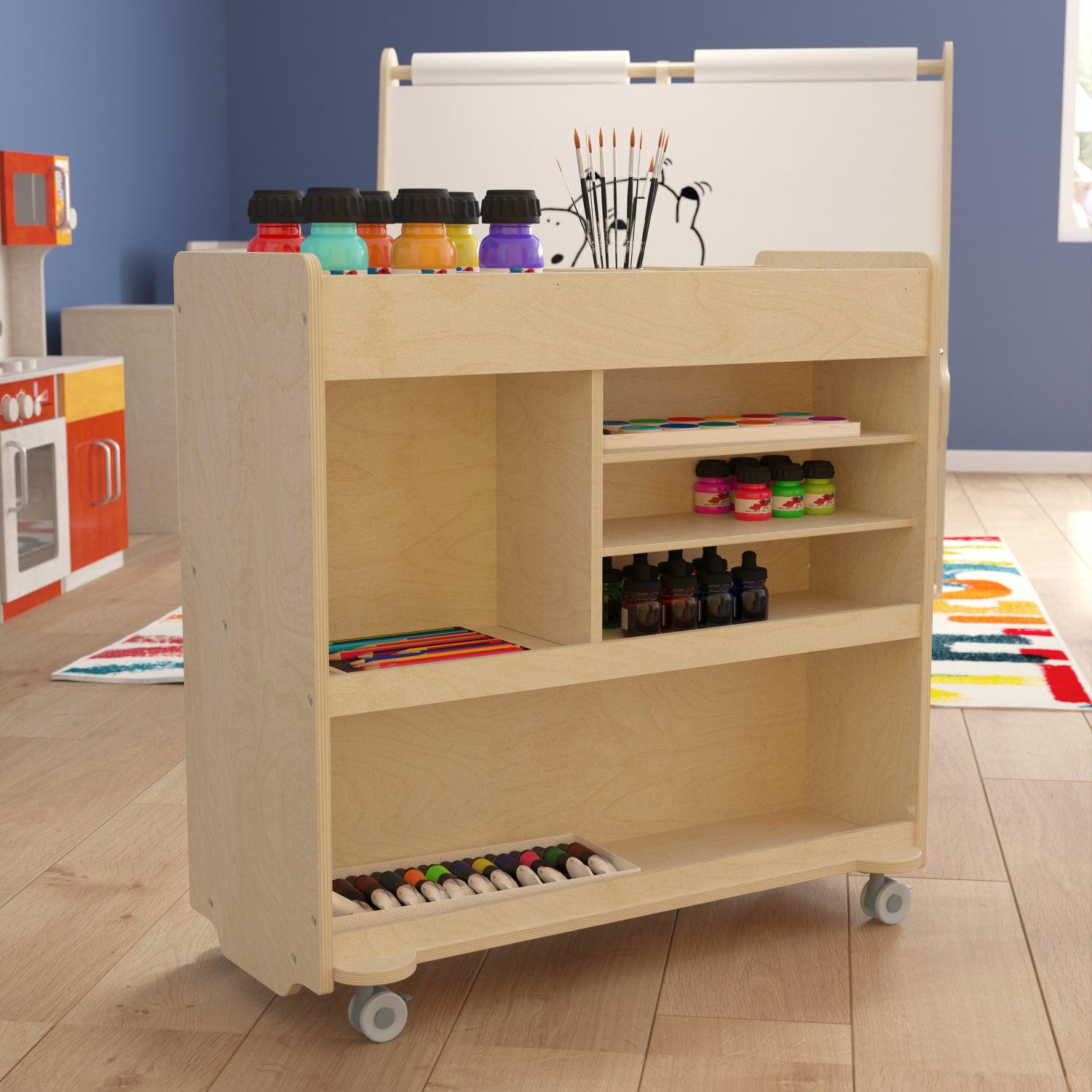 Bright Beginnings Commercial Grade Wooden Mobile Storage Cart with 4 Top Storage Compartments and 5 Cubbies