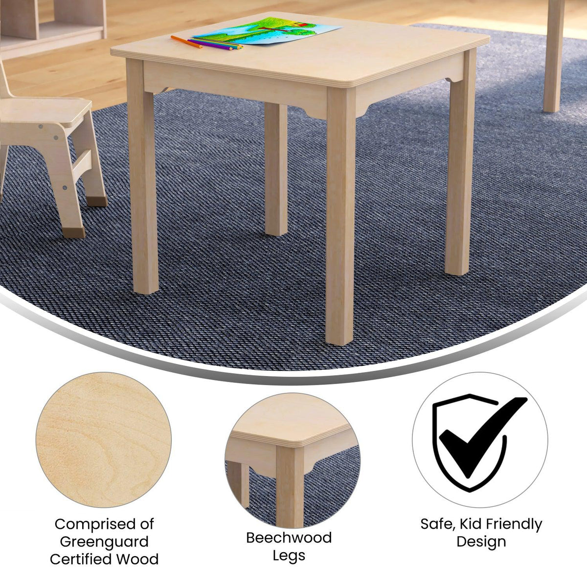 Bright Beginnings Commercial Grade Wooden Square Preschool Classroom Activity Table, 23.5"W x 21.25"H, Beech