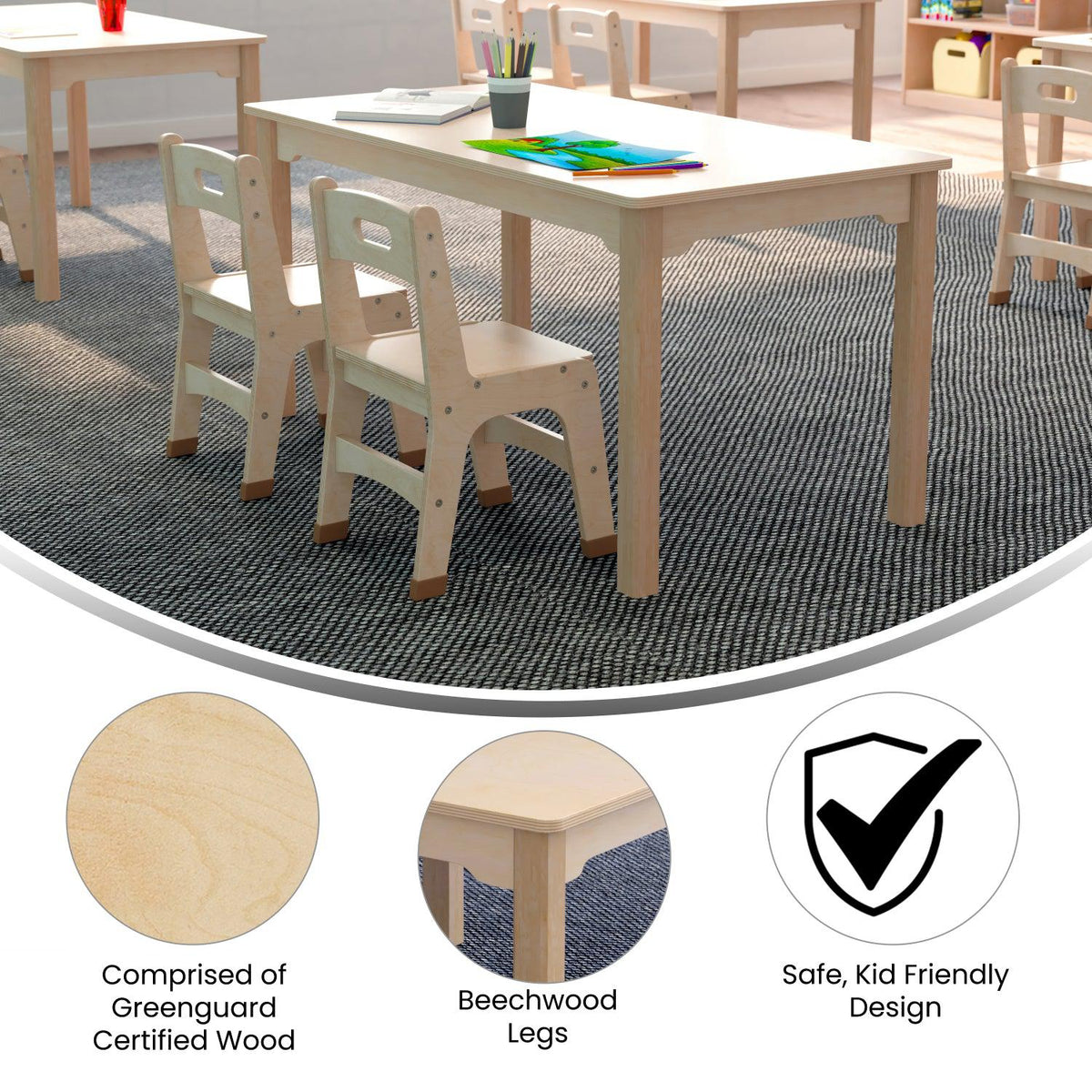 Bright Beginnings Commercial Grade Wooden Rectangular Preschool Classroom Activity Table, 23.5"W x 47.25"D x 21.25"H, Beech