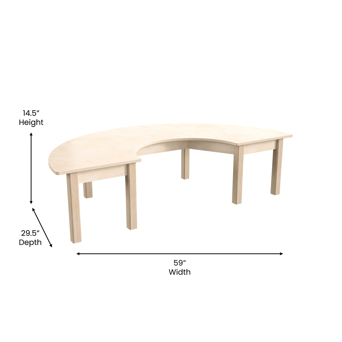 Bright Beginnings Commercial Grade Wooden Half Circle Preschool Classroom Activity Table, 29.5"W x 59"D x 14.5"H, Beech