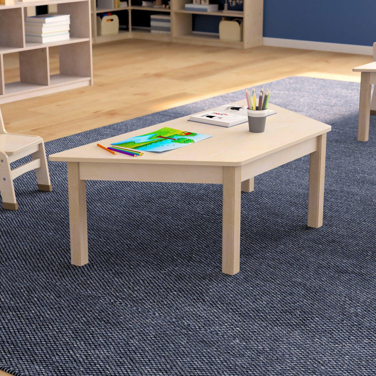 Bright Beginnings Commercial Grade Wooden Trapezoid Preschool Classroom Activity Table, 20.75"W x 47.25"D x 14.5"H, Beech