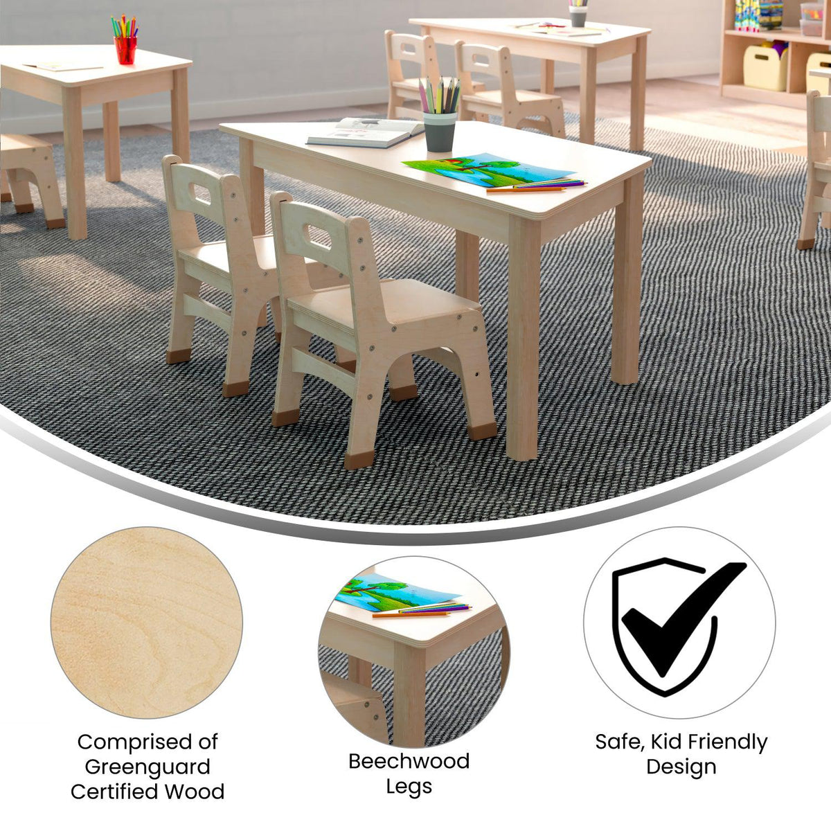 Bright Beginnings Commercial Grade Wooden Trapezoid Preschool Classroom Activity Table, 20.75"W x 47.25"D x 18"H, Beech