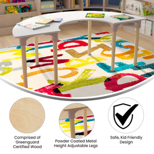 Bright Beginnings 59" Commercial Grade Wooden Half Circle Adjustable Height Classroom Activity Table, 15"H - 23"H, Beech/White