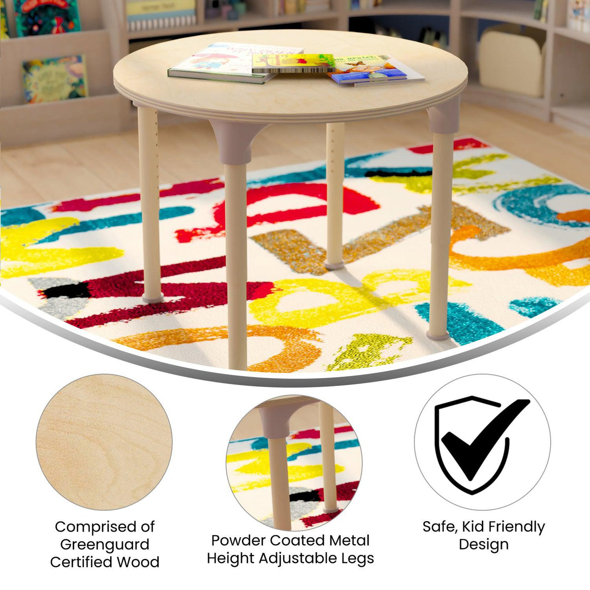 Bright Beginnings 33" Round Commercial Grade Wooden Adjustable Height Classroom Activity Table, 15"H - 23"H, Beech