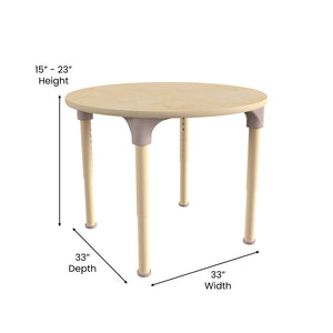 Bright Beginnings 33" Round Commercial Grade Wooden Adjustable Height Classroom Activity Table, 15"H - 23"H, Beech