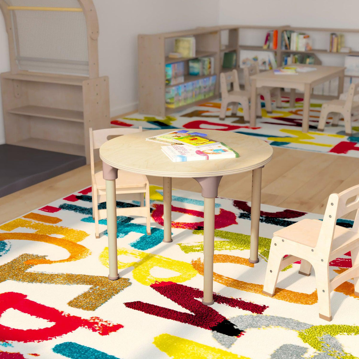 Bright Beginnings 33" Round Commercial Grade Wooden Adjustable Height Classroom Activity Table, 15"H - 23"H, Beech