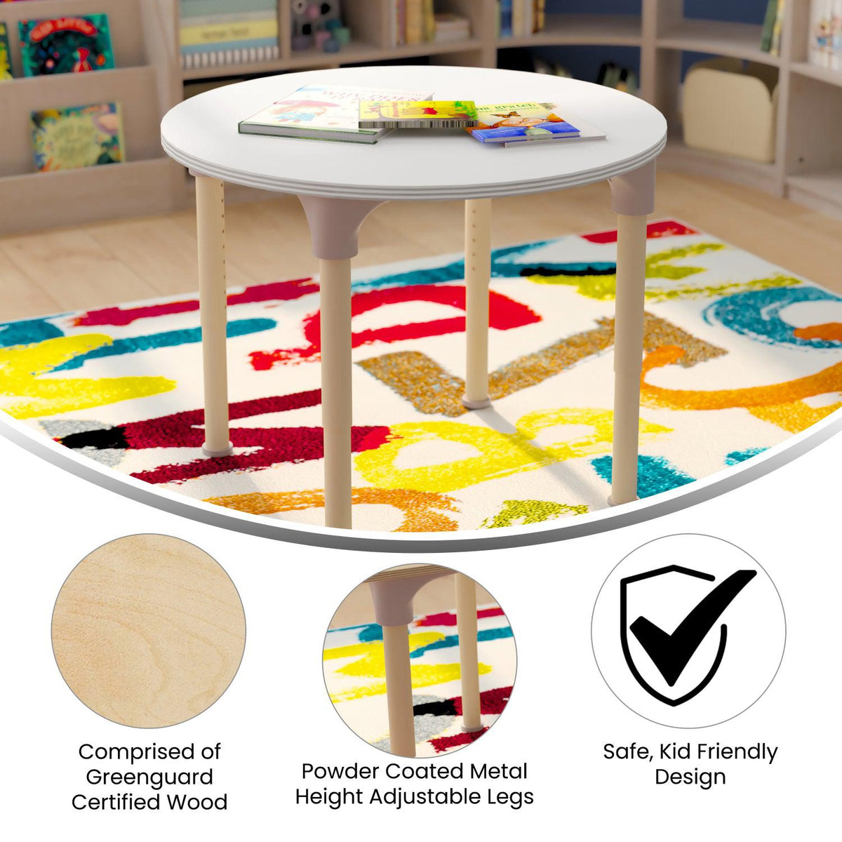 Bright Beginnings 33" Round Commercial Grade Wooden Adjustable Height Classroom Activity Table, 15"H - 23"H, Beech/White