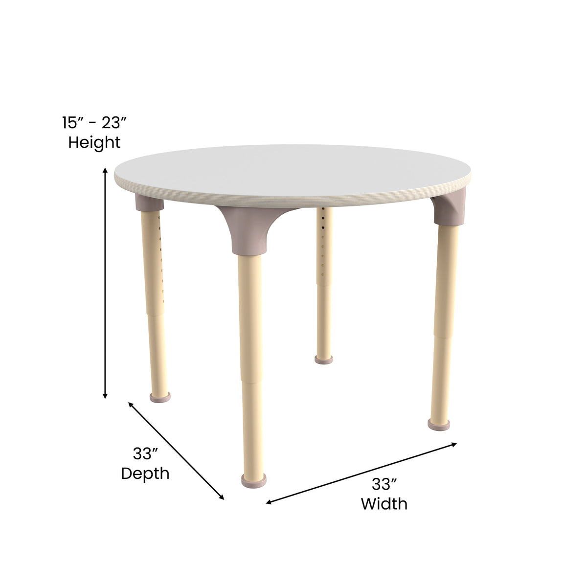 Bright Beginnings 33" Round Commercial Grade Wooden Adjustable Height Classroom Activity Table, 15"H - 23"H, Beech/White