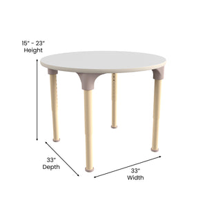Bright Beginnings 33" Round Commercial Grade Wooden Adjustable Height Classroom Activity Table, 15"H - 23"H, Beech/White